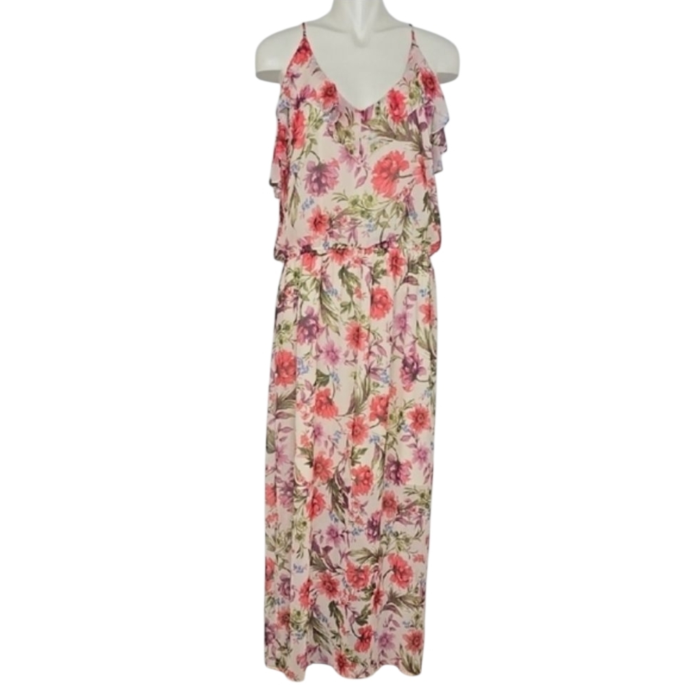 Emma & Michele Women's Maxi Dress Cold Shoulder Pink Mauve Floral Flowy Size XL